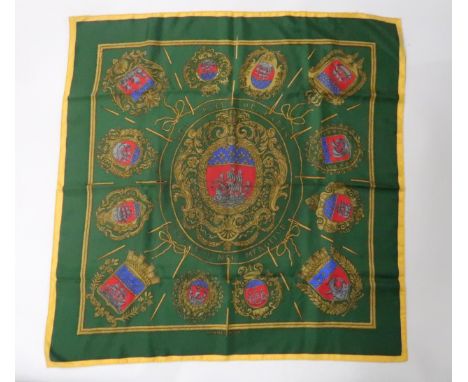 HERMES VINTAGE LES ARMES DE PARIS SILK SCARF on green ground, 88 x 88cm, a Decoupages Hermes scarf by Anne Rosat, 88cm in ori