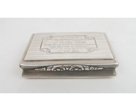 A VICTORIAN SILVER SNUFF BOX  by David Pettifer, Birmingham 1854, of rectangular form with reeded sides, the hinged cover ins