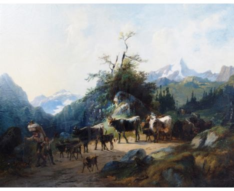 AUGUST GERASCH (AUSTRIAN 1822-1908) HERDING COWS IN AN ALPINE LANDSCAPE Oil on panel board, signed, 44.5 x 56.5cm (17.5 x 22.