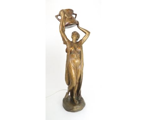 A GOLDSCHEIDER FIGURAL LAMP modelled as a maiden holding a urn above her head, impressed marks, 84.5cm high Condition Report: