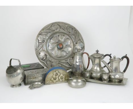 A COLLECTION OF SCOTTISH SCHOOL ARTS AND CRAFTS PEWTER WARE comprising a foliate charger with central roundel, 40cm diameter,