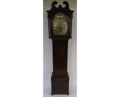 A 19TH CENTURY MAHOGANY LONGCASE CLOCK  the brass and silvered dial named to R Stewart, Glasgow, set with dolphin and cherub 