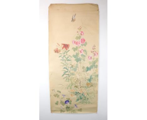 NINE CHINESE SCROLL PAINTINGS  painted with birds and foliage, in sizes, 56cm wide (9) Condition Report:all with wear.