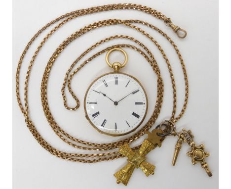 A GOLD PLATED SLIMLINE POCKET WATCH WITH 9CT GUARD CHAIN  with classic white enamel dial with black Roman numerals and blued 