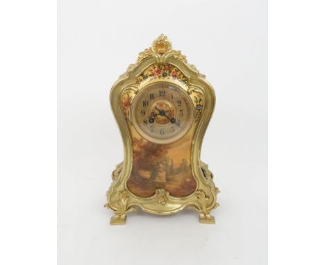 A FRENCH GILT METAL VERNIS MARTIN STYLE MANTLE CLOCK decorated with a classical garden scene, the movement stamped Japy Frere