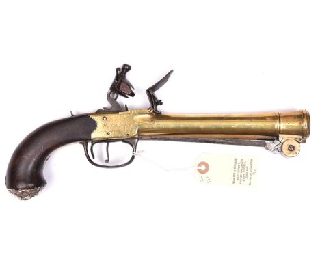 A silver mounted brass barrelled and brass framed flintlock boxlock blunderbuss pistol with spring bayonet, by Waters &amp; C