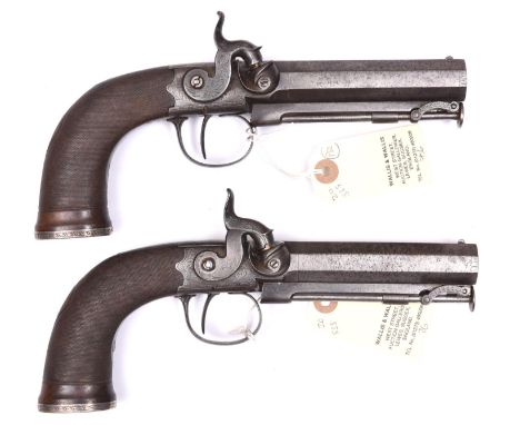 A pair of Officer’s 16 bore percussion boxlock sidehammer belt pistols, c 1845,  9¾” overall, octagonal barrels 4” with trace