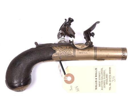 A 50 bore tutenag (German silver) flintlock boxlock pocket pistol by Wallis of Hull, c 1800,  6” overall, turn off barrel 1½”