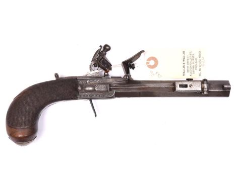 A 40 bore flintlock boxlock pistol with spring bayonet, by W Jones, London, c 1840,  10” overall, turn off barrel 4” with sta