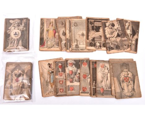 An early 19th century pack of 52 lithographed playing cards, with a few details highlighted in red and yellow, featuring indi