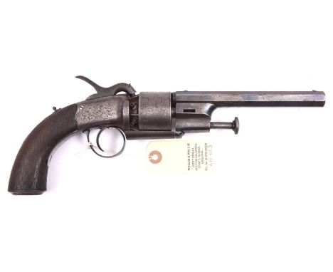 A 6 shot 54 bore Lang type open wedge frame SA transitional percussion revolver,  12” overall, octagonal barrel 6” with plung