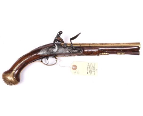 A mid 18th century 20 bore brass barrelled flintlock holster pistol, by G Reed, London,  14” overall, 3 stage barrel 8”, bree