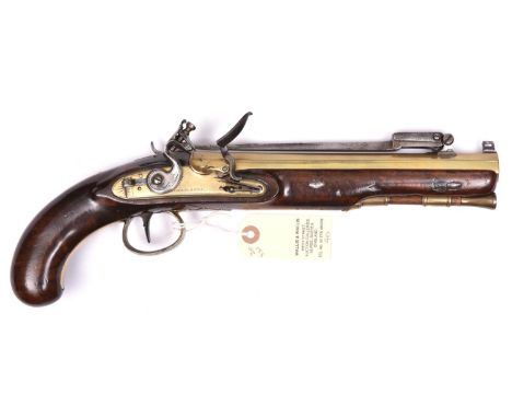A 28 bore brass barrelled flintlock pistol with spring bayonet, by W Ketland &amp; Co, C 1820, 14½” overall, octagonal barrel