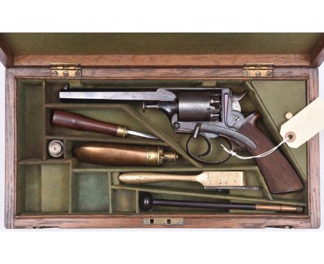 A cased 5 shot 54 bore Beaumont Adams double action percussion revolver,  barrel 6” engraved “Deane Adams &amp; Deane, 30 Kin