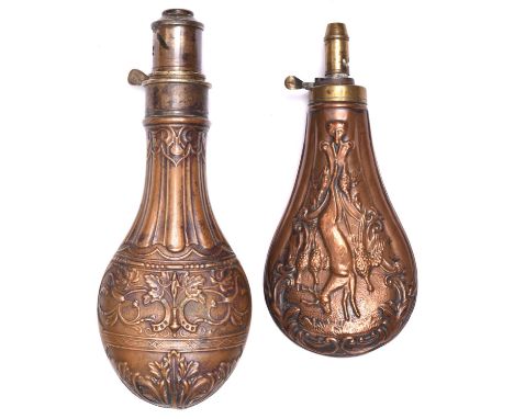 An unusual copper powder flask “Fluted”, body similar to Riling 290 without rings, patent brass top by G  &amp; J W Hawksley,