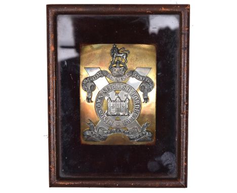 A post 1902 Officer’s gilt and silver plated rectangular SBP of The King’s Own Scottish Borderers,  on maroon velvet in a sma