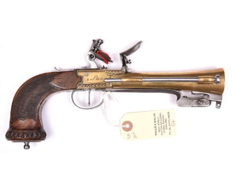 A French brass framed and brass barrelled flintlock boxlock blunderbuss pistol with spring bayonet, by Dumarest à  Paris, c 1