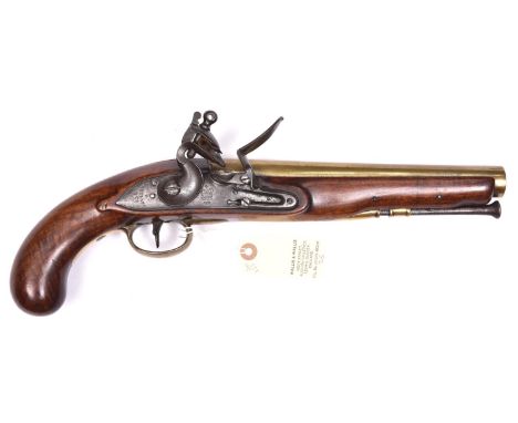 A 10 bore 1796 pattern flintlock holster pistol by T. Ketland &amp; Co,  15½” overall, brass plated barrel 9” with no visible