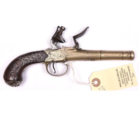 A silver mounted 54 bore tutenag (German silver) cannon barrelled flintlock boxlock pocket pistol by Moore of Andover, c 1780