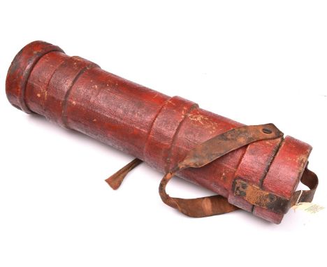 A WWI period canvas covered shell bucket, painted red overall, with R Arms (faint) and other insignia (unclear), base stamped