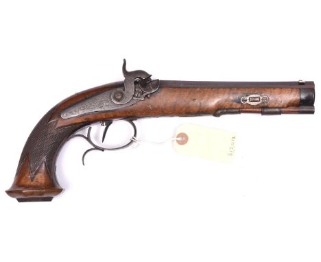 A mid 19th century German 38 bore percussion target pistol,  by Sauer u Sohn, 13½” overall, octagonal barrel 7½” with deep 8 