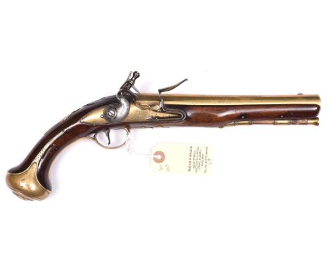 A 16 bore brass barrelled flintlock holster pistol, by E Newton of Grantham, c 1775,  13½” overall, barrel 8” with London and