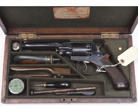 A cased 5 shot 54 bore Beaumont Adams double action percussion revolver, barrel 5¾” engraved “Robert Adams, London”;  with Lo