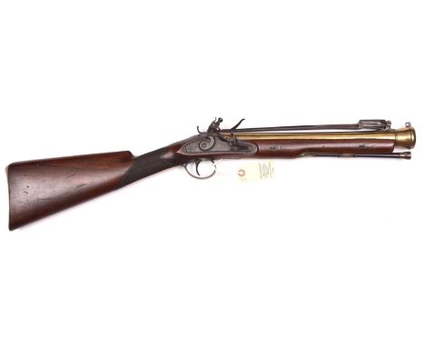 A brass barrelled flintlock blunderbuss with spring bayonet, c 1820, 29½” overall, bell mouth barrel 14” with Birmingham proo