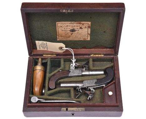 A pair of 60 bore flintlock boxlock pocket pistols by Riviere, London, c1820, 5” overall, turn off barrels 1½” with engraved 