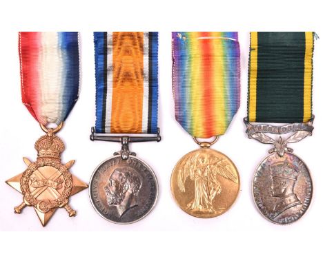 Three: 1914-15 star, BWM, Victory (2826 Cpl W G Burton 3-Lond R) GVF. Efficiency medal with Territorial suspender, Geo VI iss
