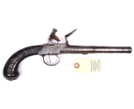 A 26 bore silver mounted cannon barrelled flintlock boxlock pistol, c 1770, 12½” overall, turn off barrel 5¼”, with B’ham pri