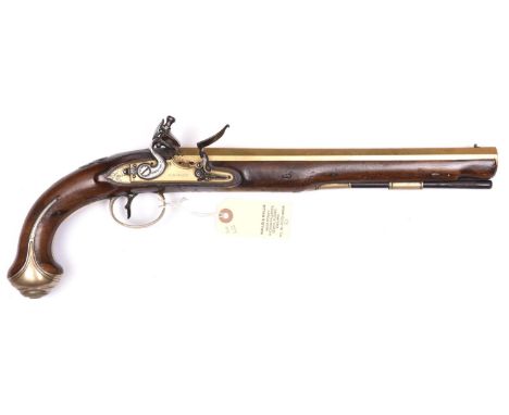 A long 14 bore brass barrelled flintlock holster pistol by Knubley, c 1790,  18” overall, heavy octagonal barrel 12” with  be