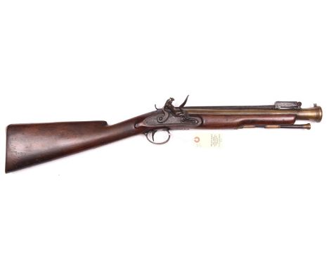 A brass barrelled flintlock blunderbuss with spring bayonet, by G Johnson c 1820, 29½” overall, bell mouth barrel 13½” with B