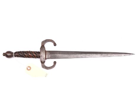 A 19th century copy of a 17th cent style dagger,  shallow diamond section blade 11”, facetted steel crossguard of downswept c