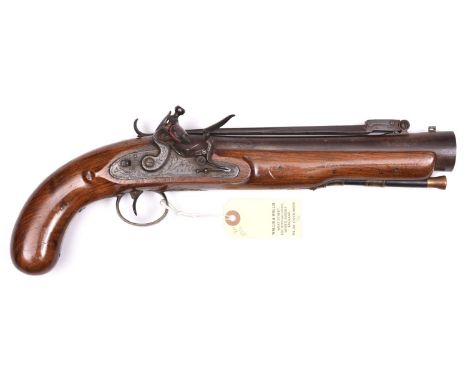 A steel barrelled flintlock blunderbuss pistol with spring bayonet, c 1820, 14½” overall, slightly swamped barrel 9½” with Bi
