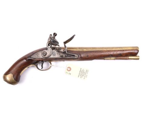An interesting 14 bore brass barrelled flintlock sea service type belt pistol, 16” overall, barrel 9½” with London proofs; no