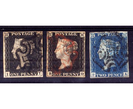 GB: 1840 1d BLACK PLATE 3 BD, RED MX, PLATE 4 II, BLACK MX, 2d BLUE UNPLATED FA BLACK MX, ALL FOUR MARGINS, MINOR FAULTS (3)