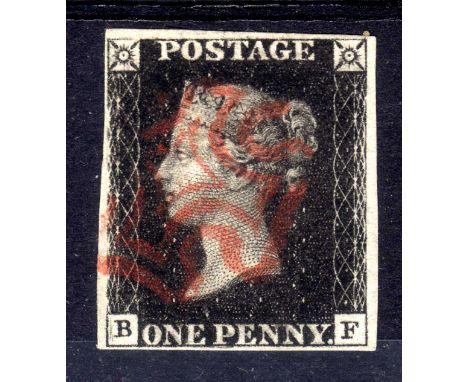 GB: 1840 1d BLACK PLATE 2 BF FINE USED FOUR MARGINS, CANCELLED RED MX 