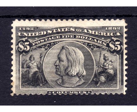 USA: 1893 COLUMBUS $5 UNUSED, RE-GUMMED, LIGHT HORIZONTAL CREASE SG 250