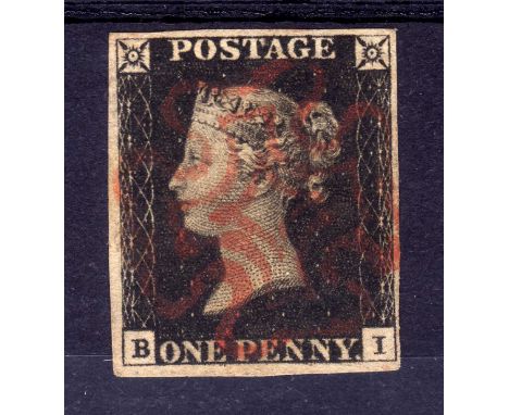 GB: 1840 1d BLACK PLATE 1b BI USED FOUR MARGINS CANCELLED RED MX