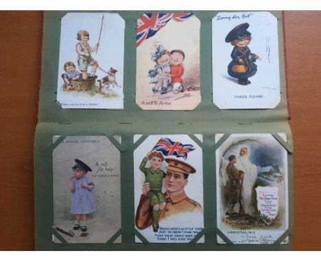 CORNER SLOT ALBUM MIXED SUBJECT POSTCARDS, MILITARY WITH WW1, LOUIS WAIN, COMIC, GREETINGS, FANTASY HEAD, PATRIOTIC, SILKS, P