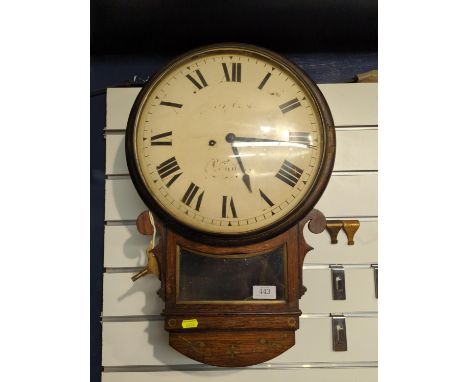 Wall clock with brass inlay in case, with key & pendulum. clock face diameter 30cms, full ht 54 cmssome losses 