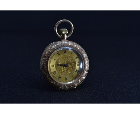12ct gold cased ladies open faced fob watch, case no. 137672, with floral engraved case and face, case diameter 30mm, gross w