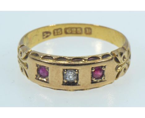 Victorian 15ct gold, diamond & ruby ring, P1/2, 3.68 grams 