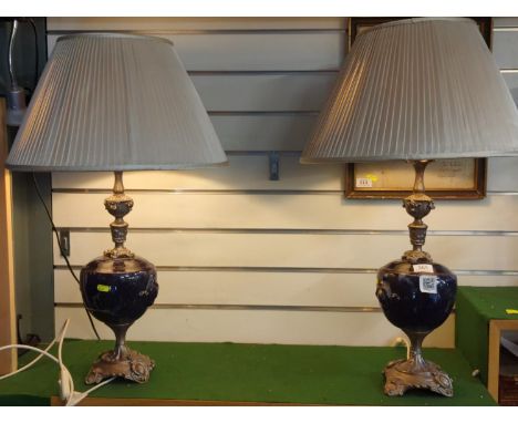 Pair of Victorian style table lamps with blue glazed ceramic detail, overall height 68cmRepair to base of one 