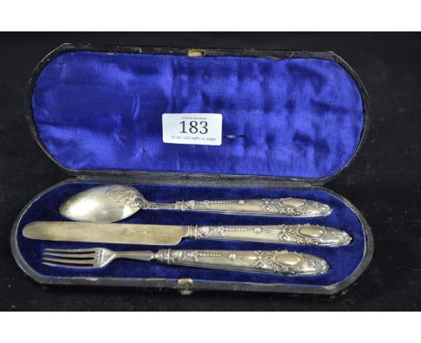 Boxed Victorian silver christening set, including fork, knife & spoon, maker RMEH, Sheffield 1869, gross weight 104 grams 