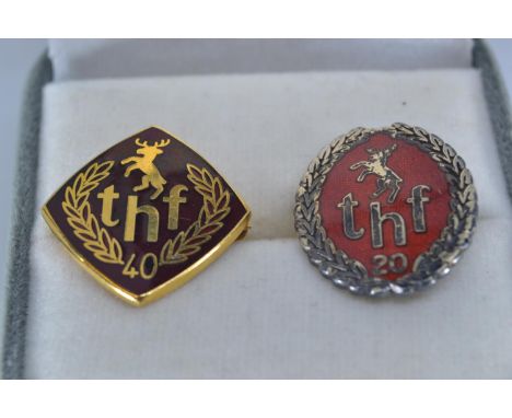 9ct gold &amp; enamel 'THF' 40 year long service badge, 4.19 grams, together with a HM silver &amp; enamel 'THF' 20 year long