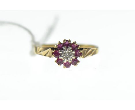 9ct gold ruby and diamond cluster ring, size L, gross weight 2 grams 