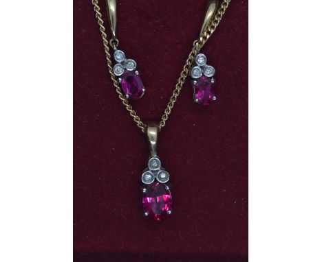 9ct gold, ruby & diamond pendant with chain & pendant earrings set, pendant length 21mm, earrings length 24mm, gross weight 7