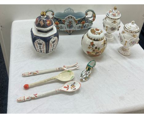 Selection of vintage porcelain hand painted items to include lidded vases etc 